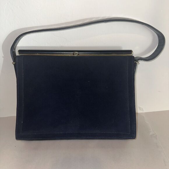 Vintage 40s/50s Leon of California Clutch Handbag Mixed Faux Patent/suede Navy - Picture 1 of 11